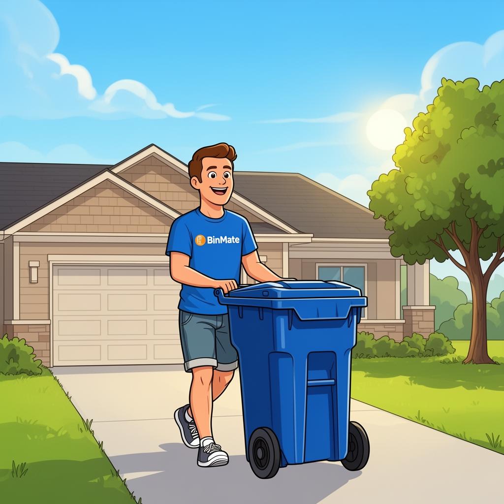 A friendly BinMate team member rolling a wheelie bin down a driveway